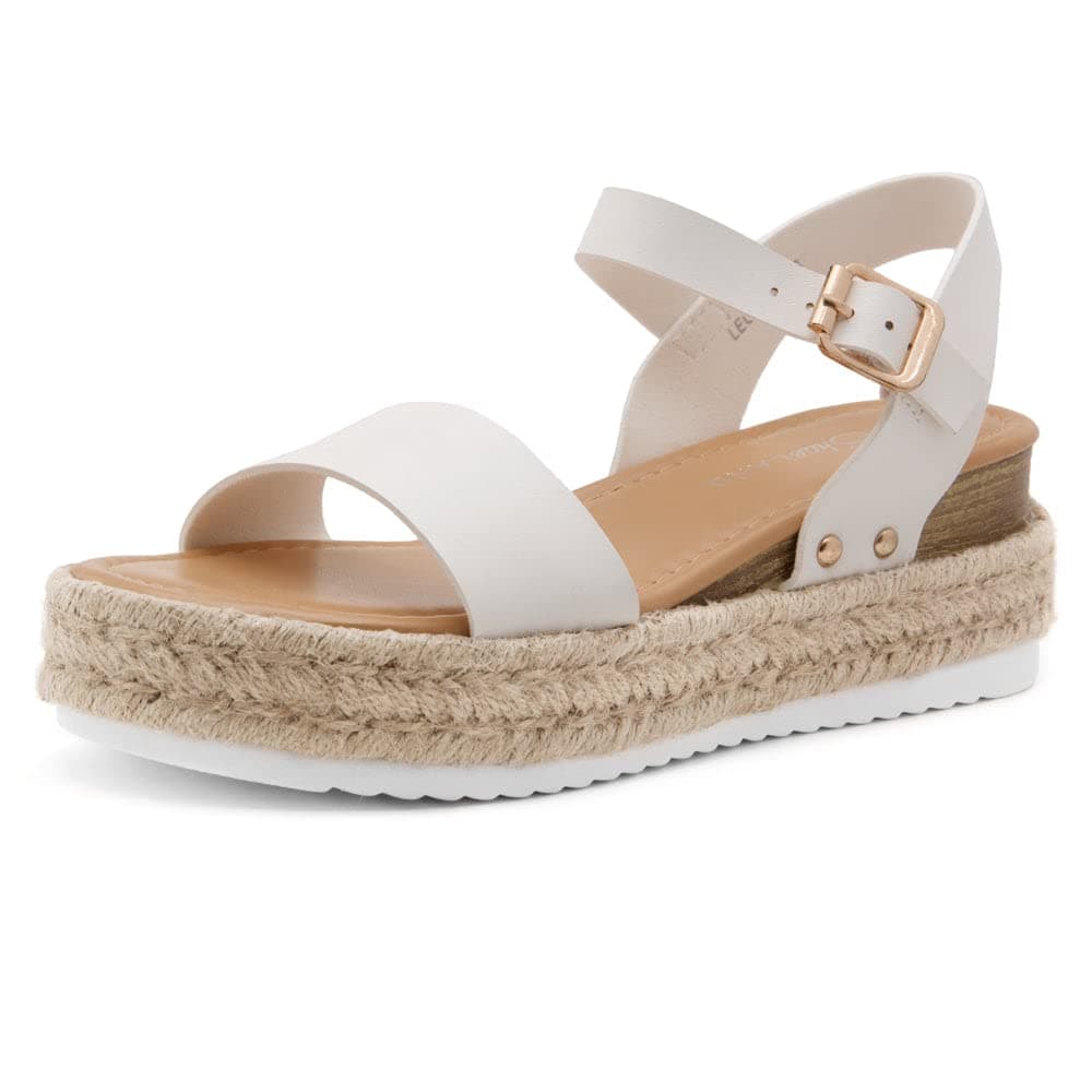 Shoe Land Legossa Womens Open Toe Ankle Strap Platform Wedge Shoes Casual Espadrilles Trim Flatform Studded Wedge Sandals White 8.0