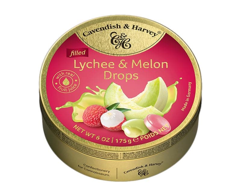 Cavendish & Harvey | Lychee & Melon Filled Hard Candy Drops | 175g 6 ounce Tin