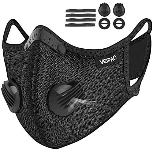 VEIPAO Sports Masks with Activated Carbon Filter, Black Cycling Mask with 2 Breathing Valve, 4 Soft Foam Padding for Running Walking, Cycling, Motorcycle