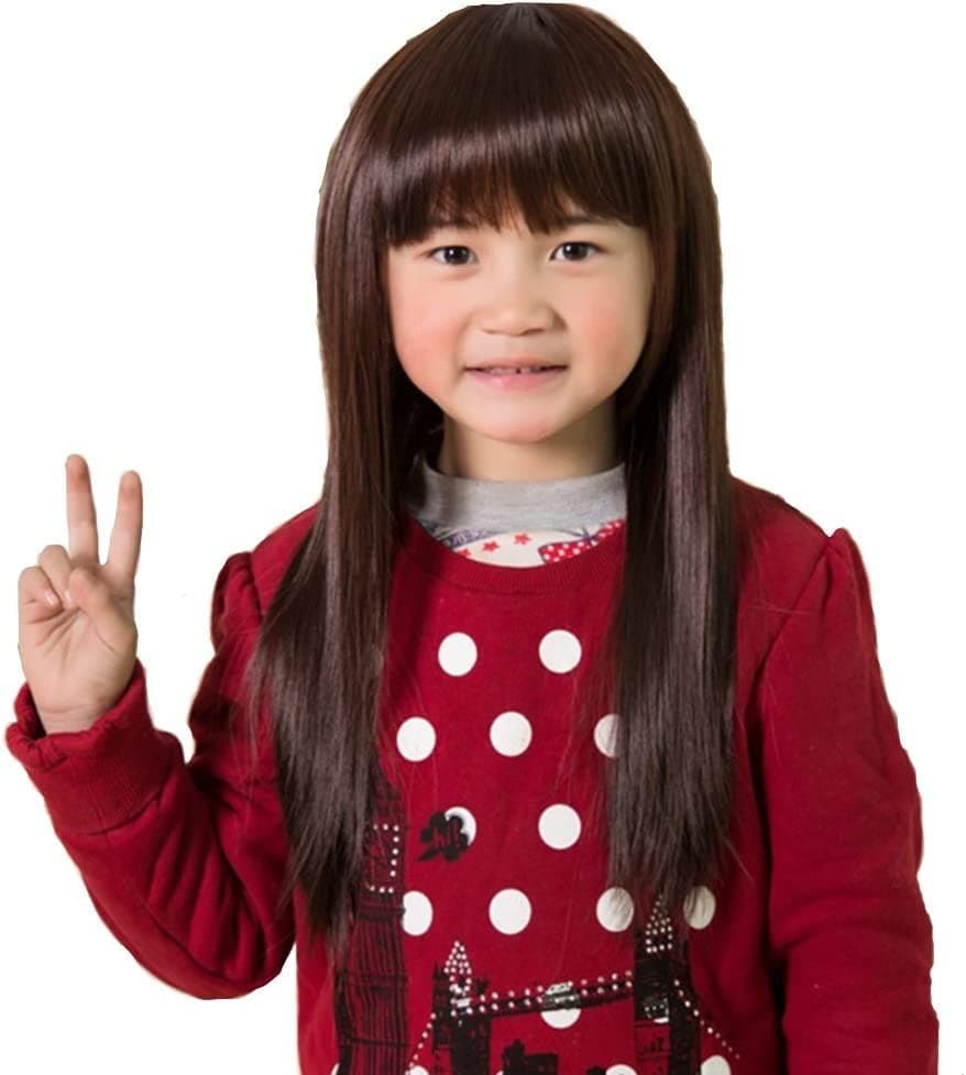 Short/Long Curly Wave Cosplay Wig Hair Adjustable Costume Synthetic Heat Resistant for Children Girl (Brown Straight)