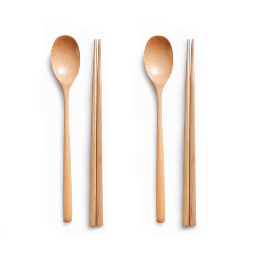 Ecloud Shop® Wooden Spoon Chopsticks Sets Korean Dinnerware Combinations 2pcs
