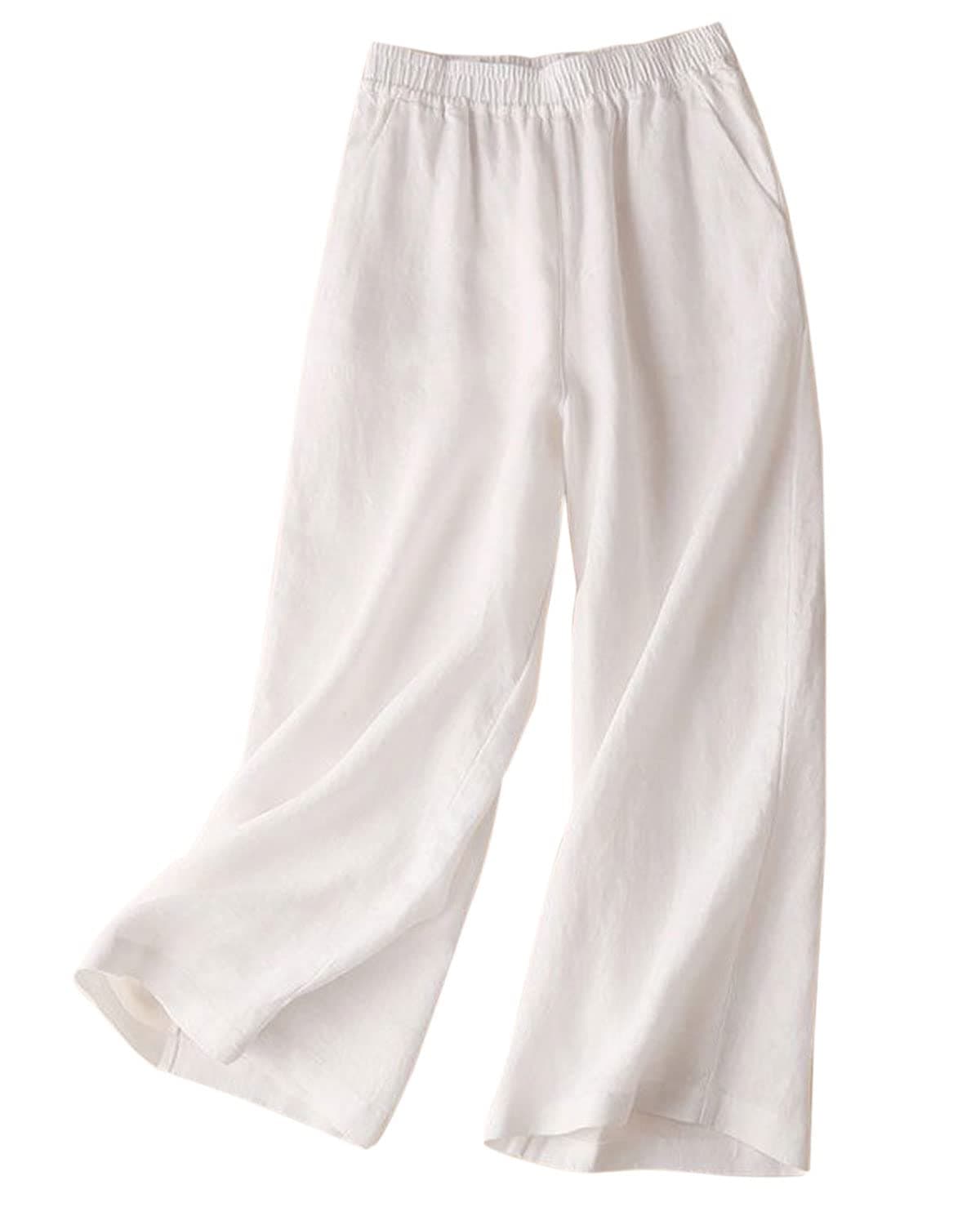 Aeneontrue Women's 100% Linen Wide Leg Pants Casual Loose High Waisted Flowy Palazzo Trousers with Pockets