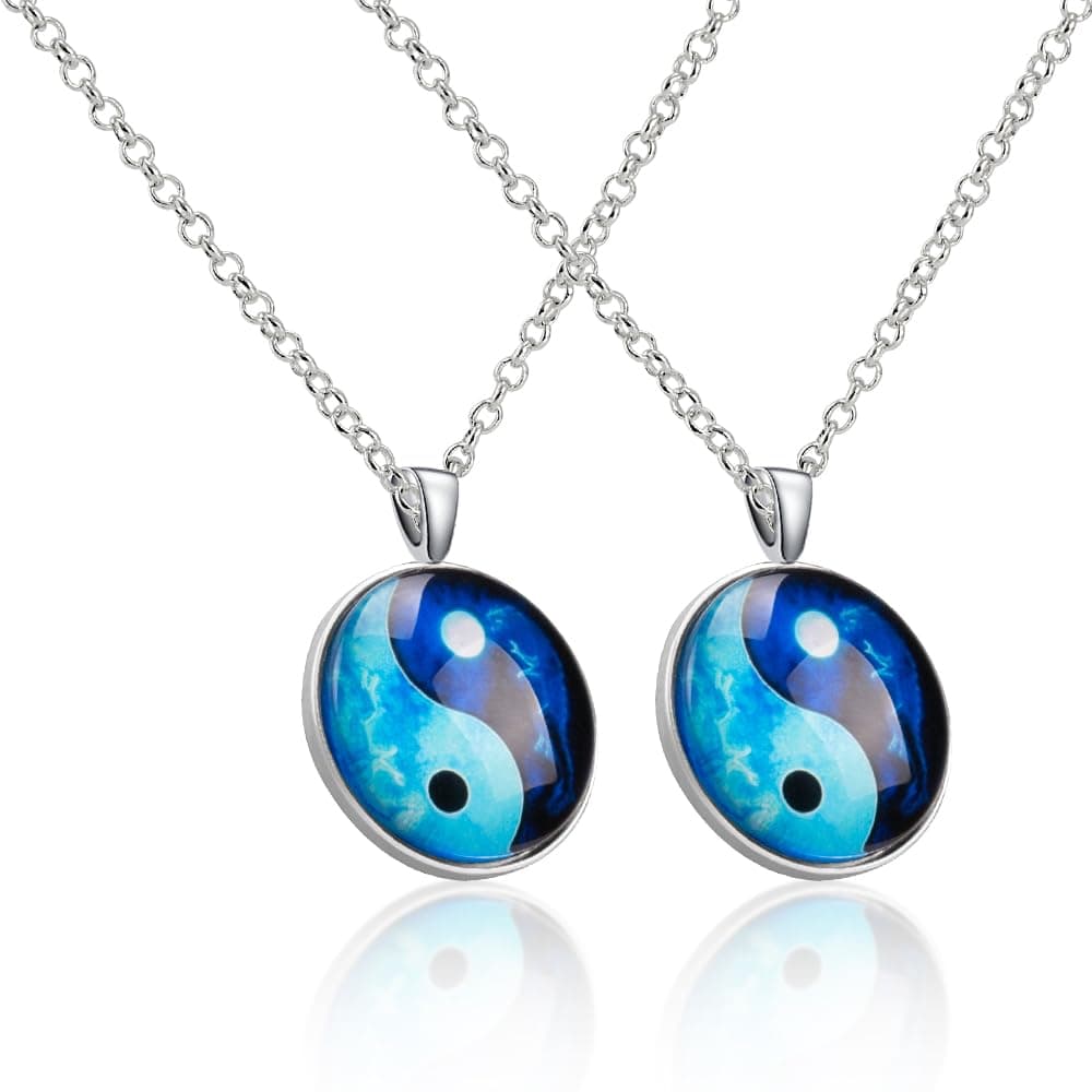 2 Pcs Fashion Yin Yang Necklaces Glass Pendant Dragon Moon Pattern Chakra Pendants Silver Cabochon Glass Necklace Sweater Long Chain