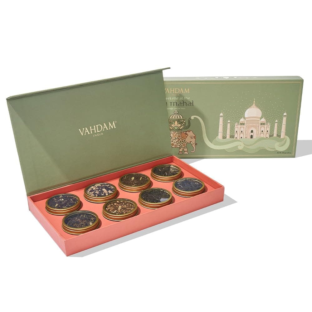 Weekend In Taj Mahal Tea Gift Set Travel Edition Gift Box | 8 Varieties - Chai, Black, Herbal Tea | Gluten Free, Non GMO | Gifts for Women & Men