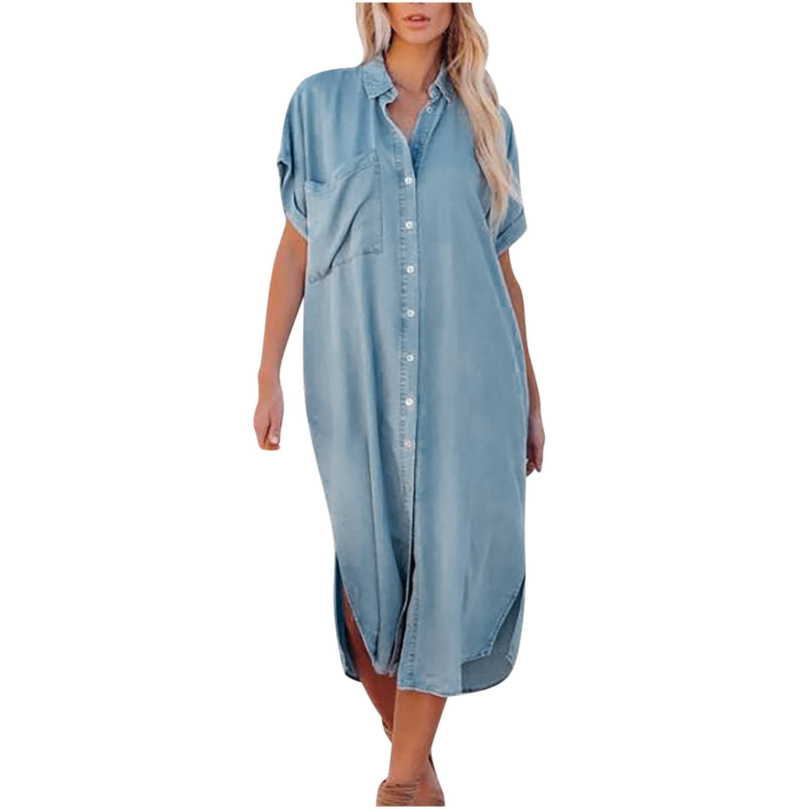 FunAloeDenim Dress Ladies Lapel Collar Solid Short Sleeve Long Slit Shirt Dress Blue Women Clearance Casual Lapel Solid Shirt Dress Coat