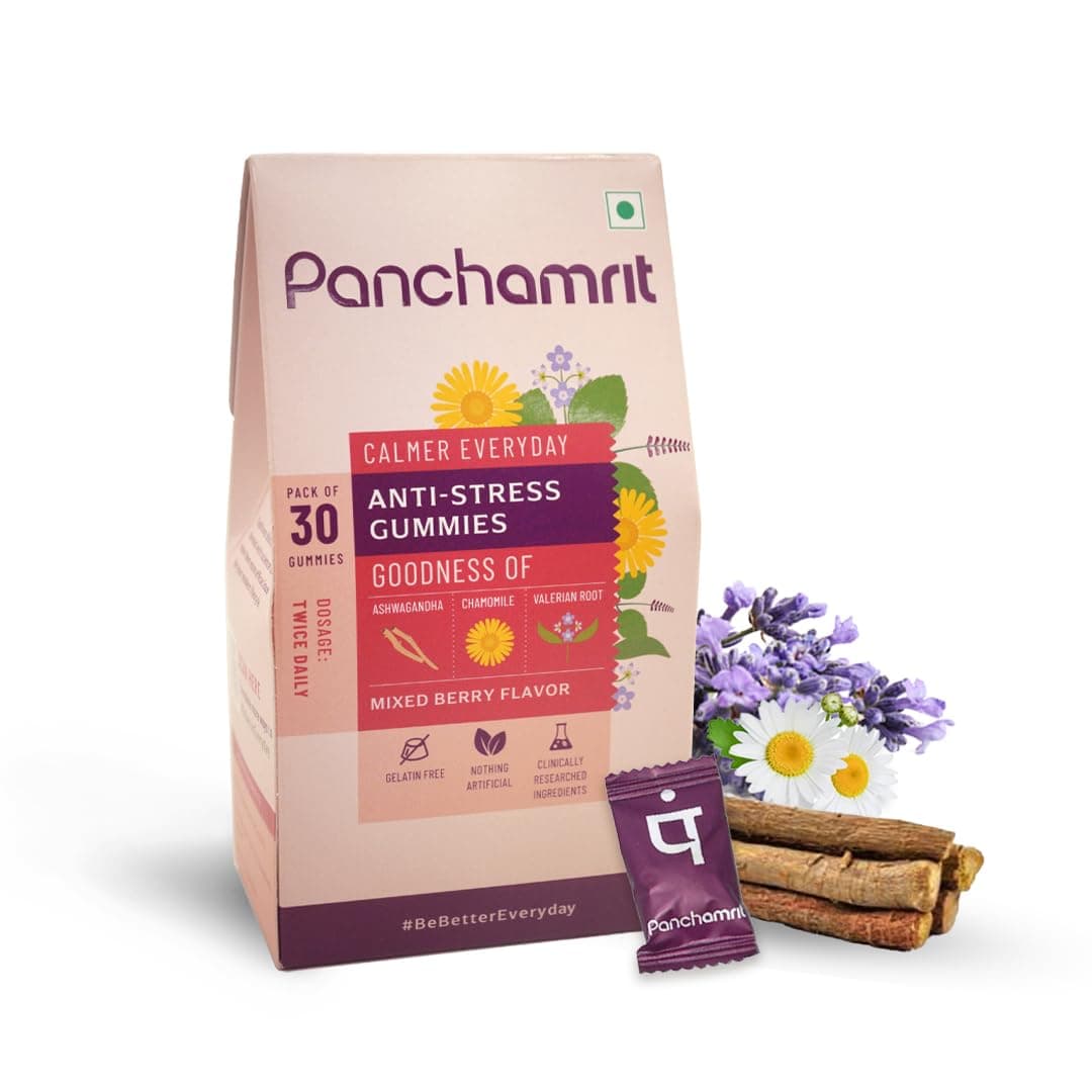 Panchamrit Anti-stress Gummies, enriched with Ashwagandha, Chamomile and Valerian Root | Reduces stress levels, sharpens focus, and improves sleep quality | 30 Gummies (Pack of 1)