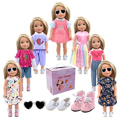 YIQIHAI 13pcs 14 Inches and 14.5 Inches Dolls Outfits Set, 7 Sets of Doll Clothes and 2 Pairs of Shoes Doll Accessories Sunglasses Pink Purple Theme for Birthday Gifts to Kids