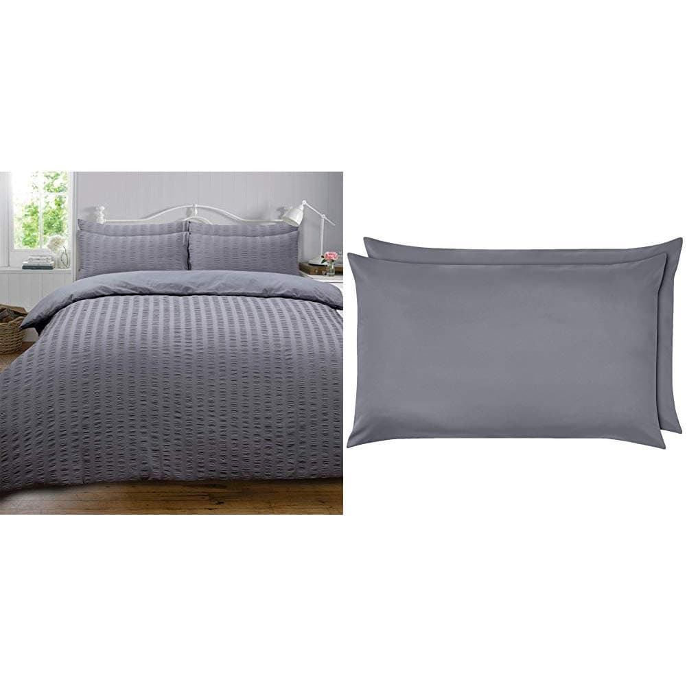 Highams Seersucker Duvet Cover with Pillow Case Bedding Set, Charcoal Dark Grey - Single & Amazon Basics Microfibre Pillowcases, Dark Grey – Set of Two