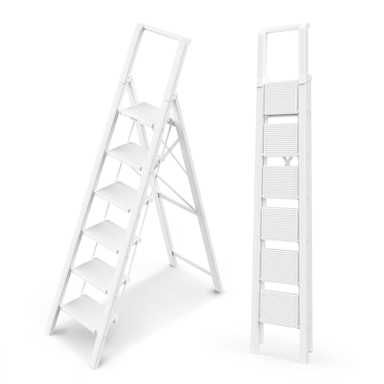 WOA WOA 6 Step Ladder, Lightweight Folding ladders with Wide Pedals, Slim Stepladder for Narrow Spaces, Tall Ladder for High Ceilings with Handrails, Kitchen Aluminum Ladder 300lbs - White