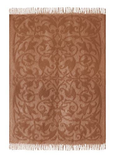 Vintage Camel Wool Throw Blanket with fringe 55x79” (Twin) in Jacquard Camel pattern, Medium Weight, made in Europe By Yaroslav Mill.