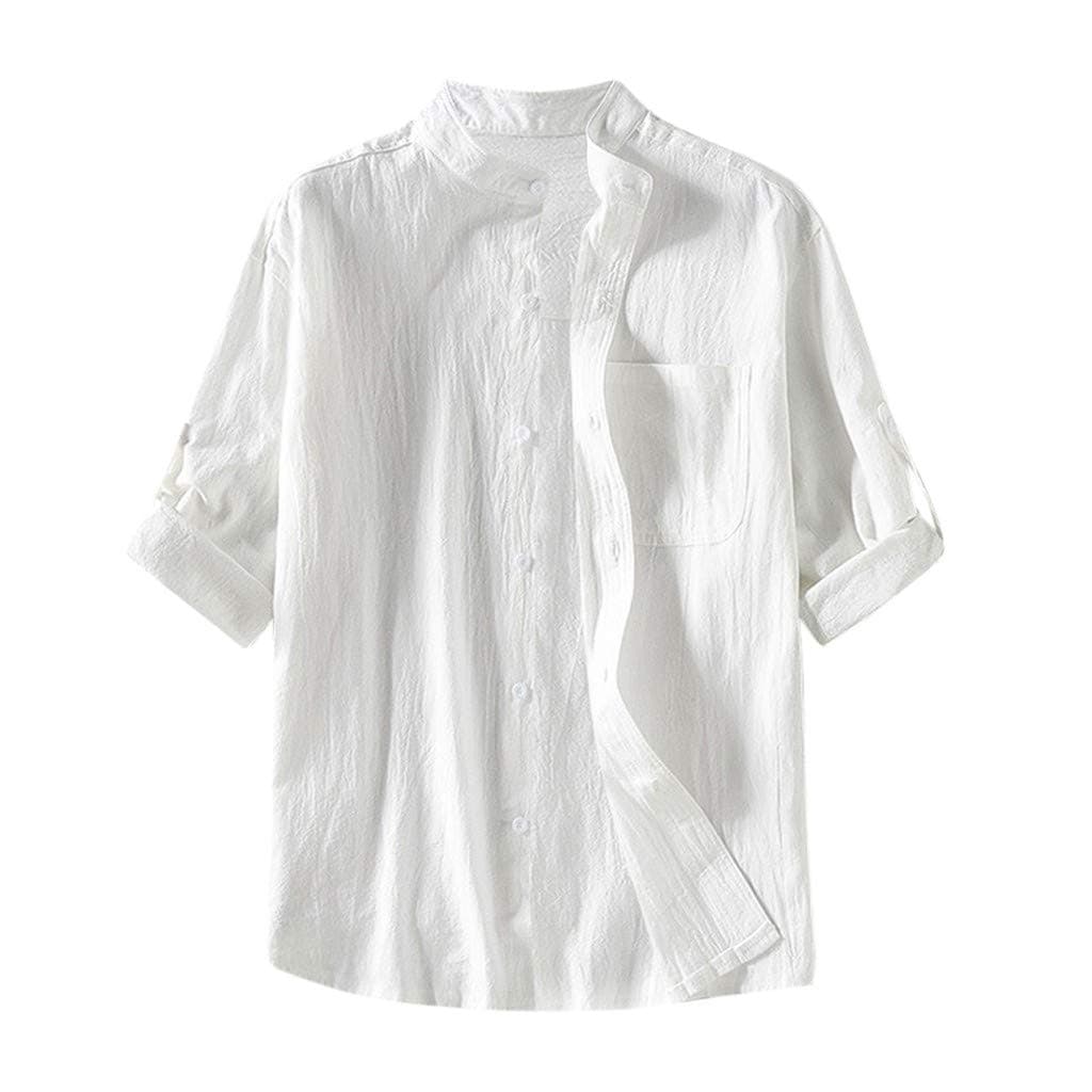 TUDUZ Men Men's Summer Vintage Solid Grandad Collar Short Sleeve Buttons Henley Neck Cotton And Linen Shirt