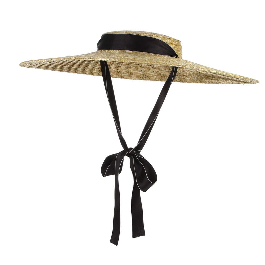GEMVIE Women Ladies Vintage Wide Brim Boater Straw Hat Elegant Flat Top Floppy Derby Sun Hat Beach Straw Sun UV Hats with Chin Strap