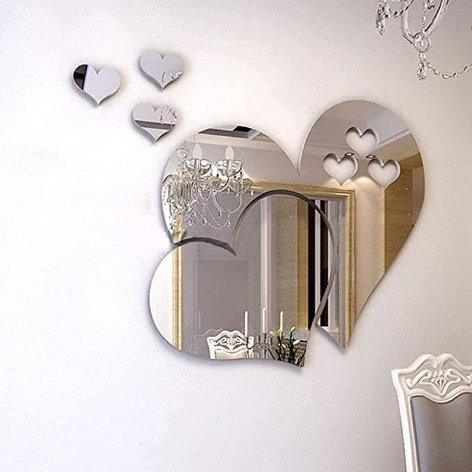 LZYMSZMirror Wall Stickers, 3D Crystal Double Love Heart Acrylic DIY Art Wall Decals Home Living Room Bathroom TV Background Decor, 10Pcs/2 Set(Silver)
