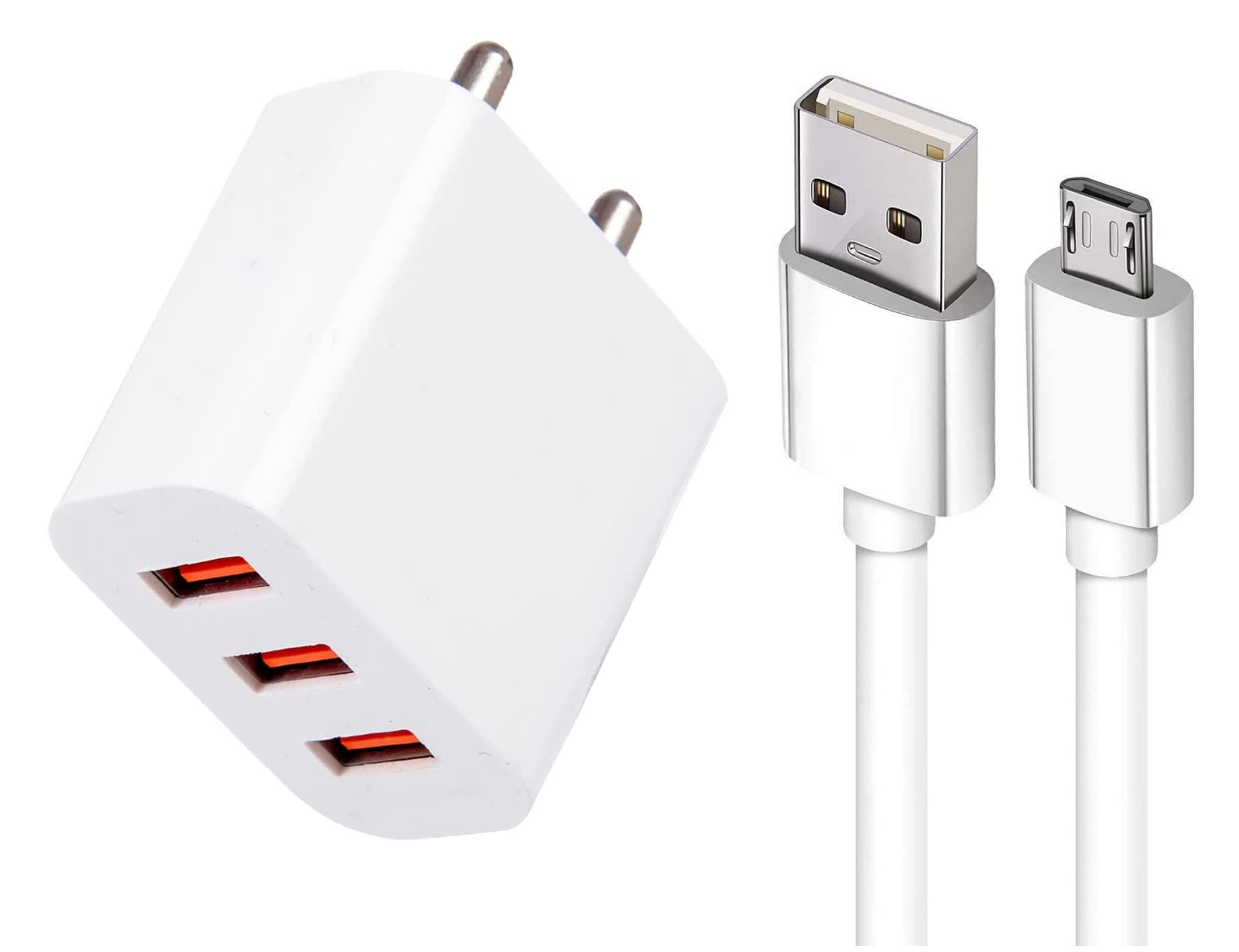 Ultra Fast Triple Port Mobile Charger For Samsung Intercept, Samsung J150, Samsung J210, Samsung J750, Samsung L170, Samsung L700, Samsung L810v Steel Charger Original Adapter Universal Mobile Charger | Wall Charger Android Smartphone Travel Charger | Hi Speed Fast 3 Usb Port Dock Charger With 1.2 Meter Charging & Sync Data Cable ( 3.4Amp, 1B, AE White )