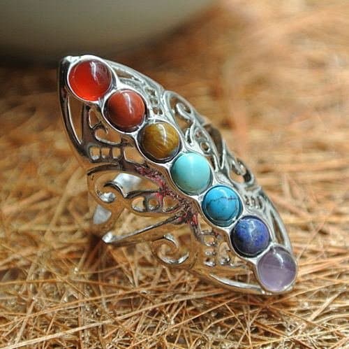 925 Silver Healing Hollow Stones Adjustable 7 Chakra Ring Thumb Reiki Gem Ring