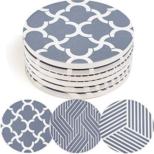 ENKORE Absorbent Coasters for Drinks - Set of 6 in 3 Patterns, XL 4.3" Ceramic Cup Mats with Big Cork Base Pad, Thirsty Clay Stone Coaster Pack Protect Wood, Glass, Granite, Marble Tabletop, No Holder