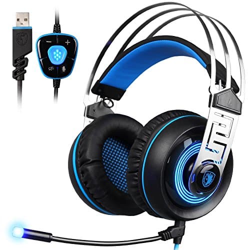 Soonbuy SADES A7 7.1 Channel Intelligent Noise Cancelling USB Gaming Headset Over-Ear Headphones with Microphone,LED Light,Sound Card Chip (Blue)