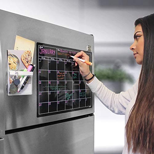 Magnetic Dry Erase Board Fridge Calendar with 3 Color Dry Erase Markers and Magnetic Pen Holder Set - Large Magnetic Black Dry Erase Calendar for Refrigerator 17” x 13.5” with Magnetic Storage Pocket