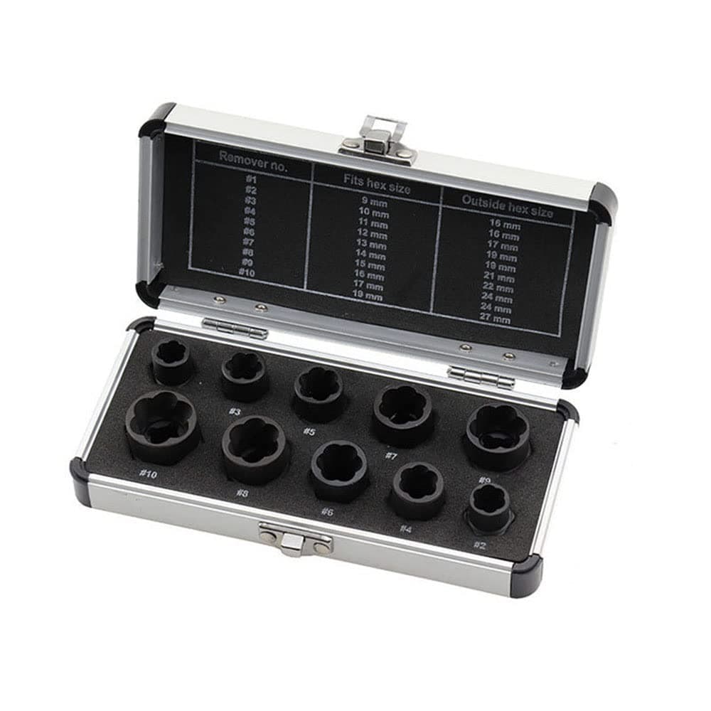 10 Pcs Impact Bolt & Nut Remover Set, Bolt Screw Extractor Set, Nut Remover Tool with Aluminium Storage Case for Removing Damaged Frozen Rusted Rounded-Off Bolts Nuts