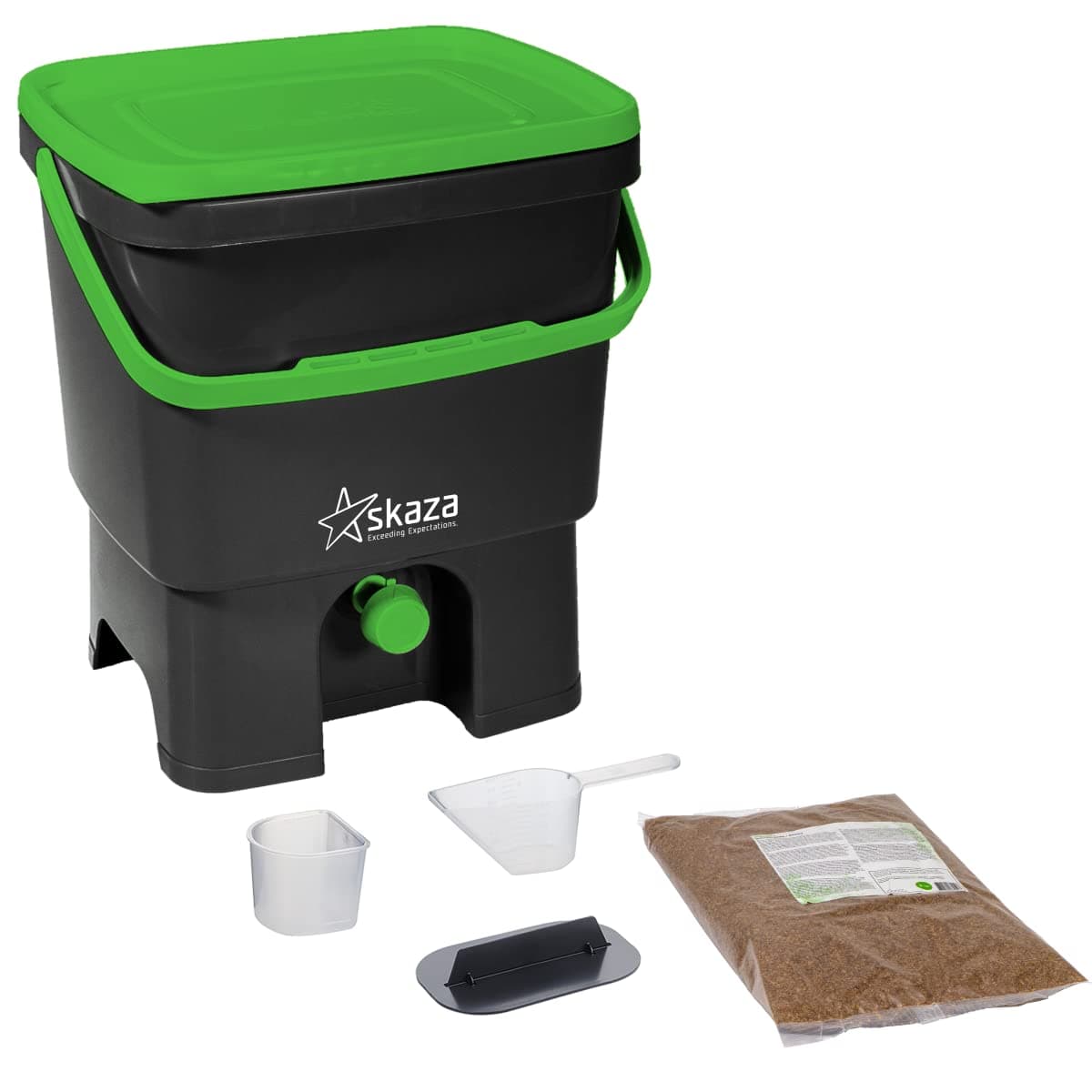 Bokashi Organico Single with active Bran and Accessories - Sustainable and Innovative Organic Waste Bin - Composter Kit (Black / Green)