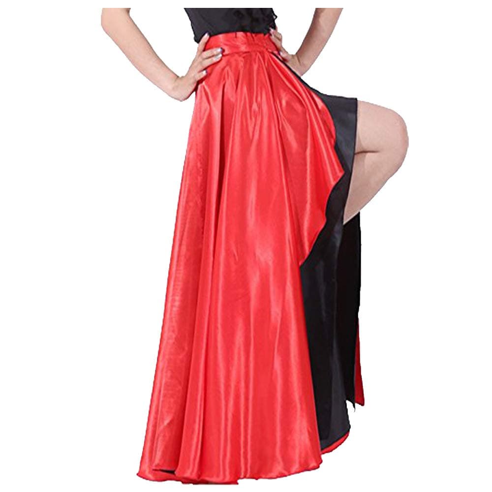 BACKGARDENSpanish Bull Dance Skirt Adult Flamenco Two Layer Satin Gypsy Dress Red Outside/Black Inside