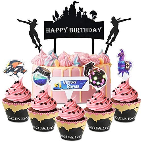 Video Game Party Favors Supplies - 24pcs Cupcake toppers and Birthday Cake topper for Battle Royale Decorations