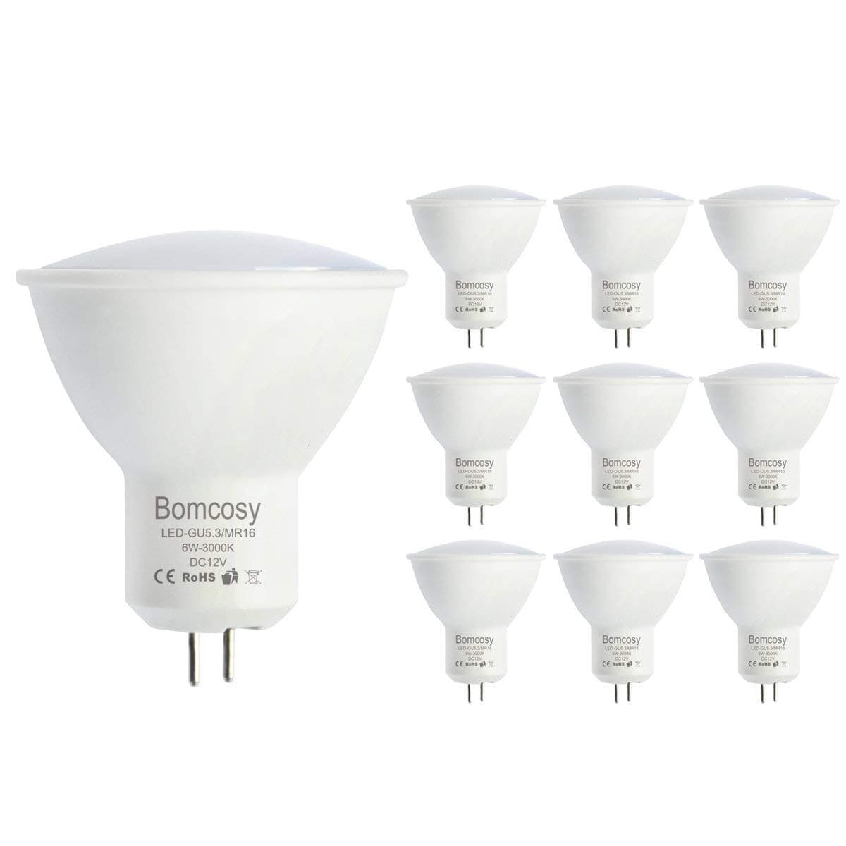 Bomcosy 6W MR16 GU5.3 LED Bulbs (10 Pack), 12V Warm White 3000K LED Light Bulb, 50W Halogen Spotlight Equivalent, 510 Lumens, 120 Degree Beam Angle, Non Dimmable [Energy Class A+]