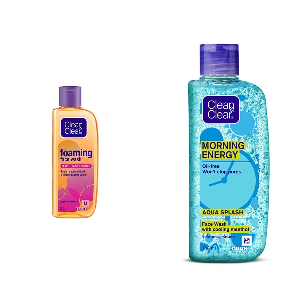 Clean & Clear Foaming Face Wash For Oily Skin, 150Ml And Morning Energy Aqua Splash, Blue, 150 Ml