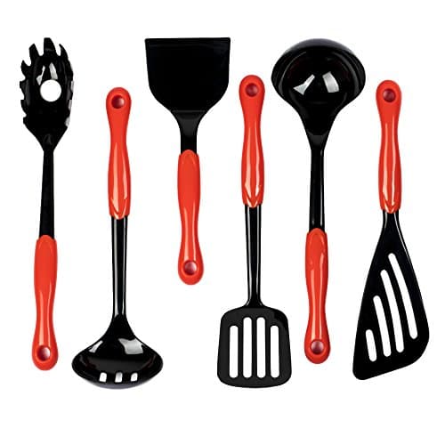 Jazava Kitchen Utensils Set - 6-Pieces Nylon Cooking Set for Nonstick Cookware includes Serving Spatula, Pasta Server, Slotted Ladle, Butter Beater, Slotted Turner and Deep Ladle Spoon, Red Handle