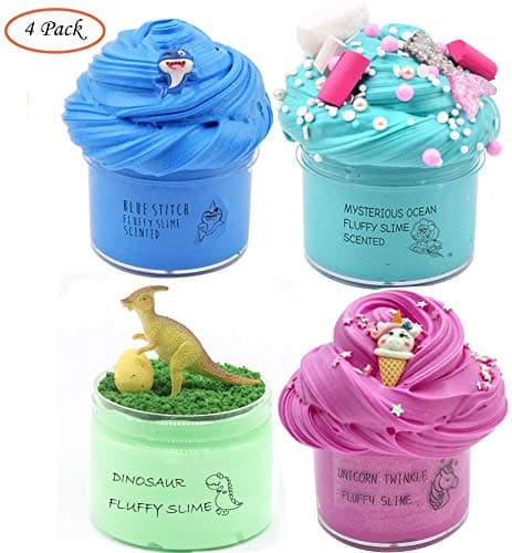 EASYCITY 4Pack Colorful Slime, Unicorn Slime,Mermaid Slime, Shark Slime Dinosaur Slime, Stress Relief, Prize, Party Favor, Educational Slime for Girls