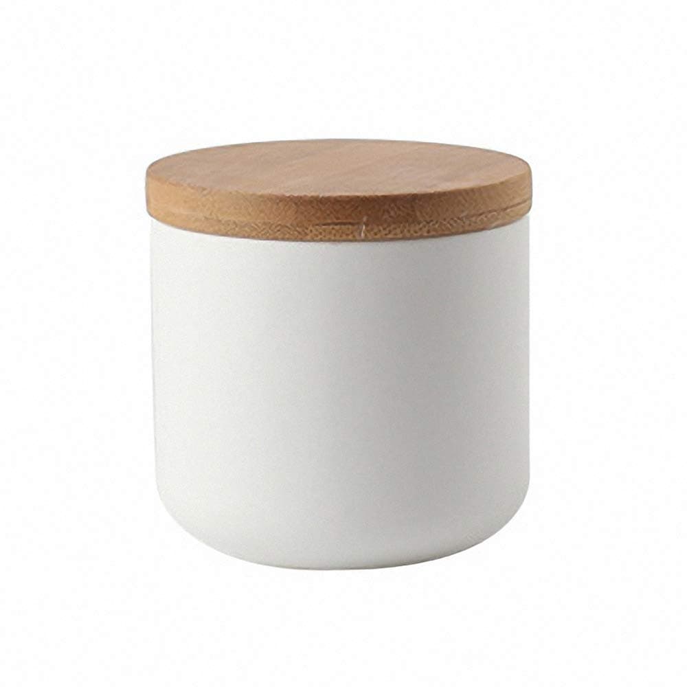 Pure Color Ceramic Sugar Bowl with Wooden Lid Sugar Dispenser Salt Pepper Storage Jar Pot Sugar Container Seasoning Pot Box Condiment Spice Racks Holder for Home Kitchen White Small