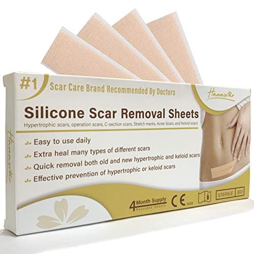 HANASCAR Professional Silicone Scar Removal Sheets, Treat Scars Caused by C Section, Surgery, Burn, Injuries, Acne, and Stretch Marks, Works on Old and New Scars, 5.7x1.57, 4 Reusable Sheets