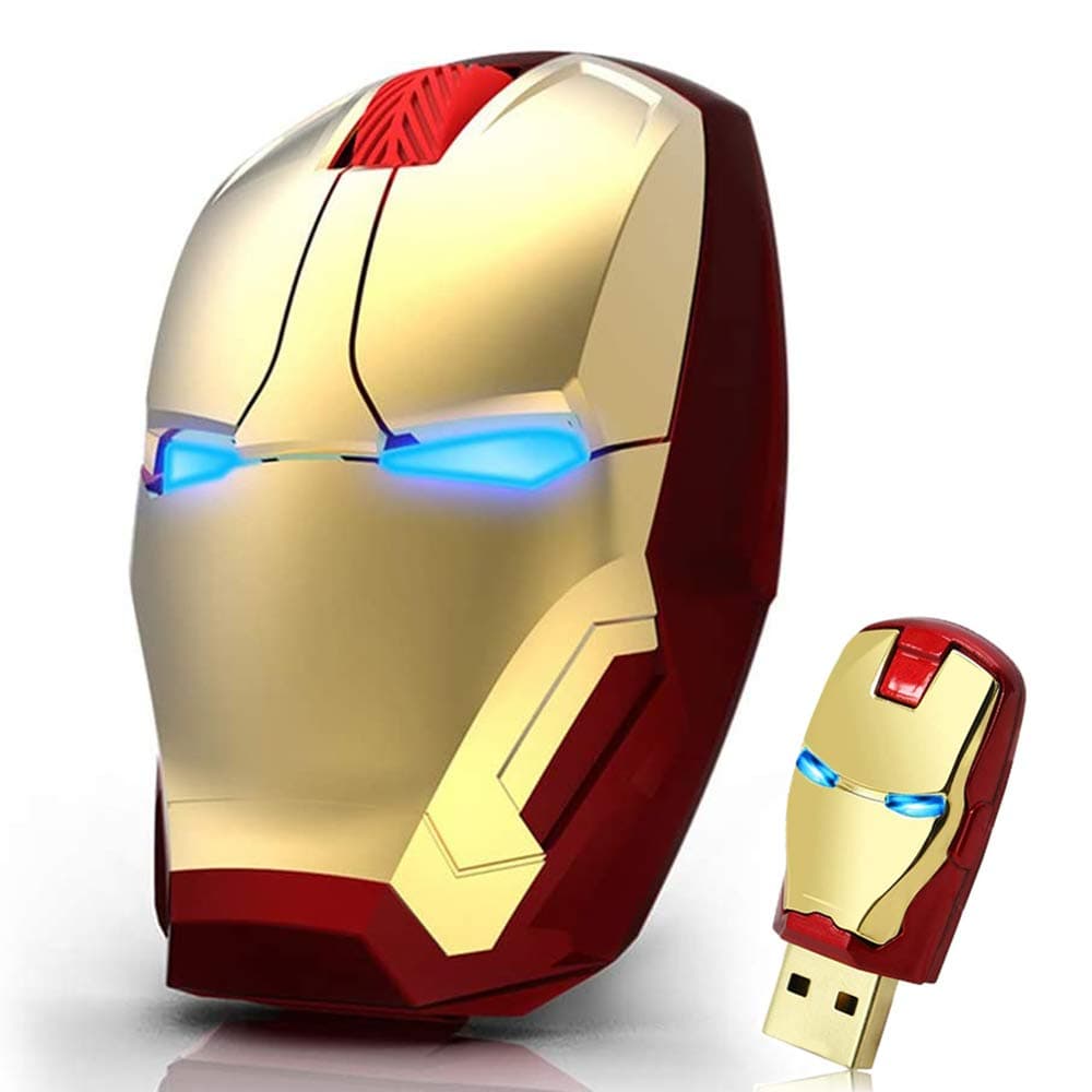 Ergonomic Wireless Mouse, Iron Man Mouse 2.4G Portable, Multi-color, 4 Button, Optical, Ambidextrous, Battery Powered, Red and Gold, PC, Laptop, Macbook