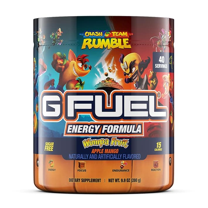 G Fuel Crash Team Rumble Energy Drink Powder, Pre Workout Caffeine Mix for Gaming, Sugar Free Focus Amino, Vitamin + Antioxidants, 9.9oz (Apple Mango Wumpa Fruit, 40 Servings)