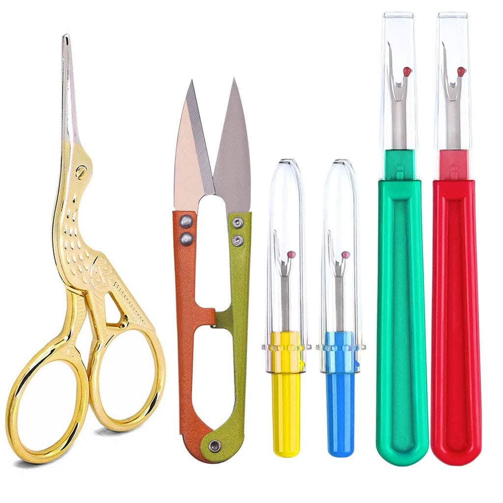 Eraimp 6 Pieces Sewing Seam Ripper Kit - Stork Scissors Gold Small Sharp Tip with 4 x Thread Seam Remover Stitch Unpicker Thread Cutter Tool & Trimming Scissor for Sewing Art Work,Threading,Needlework