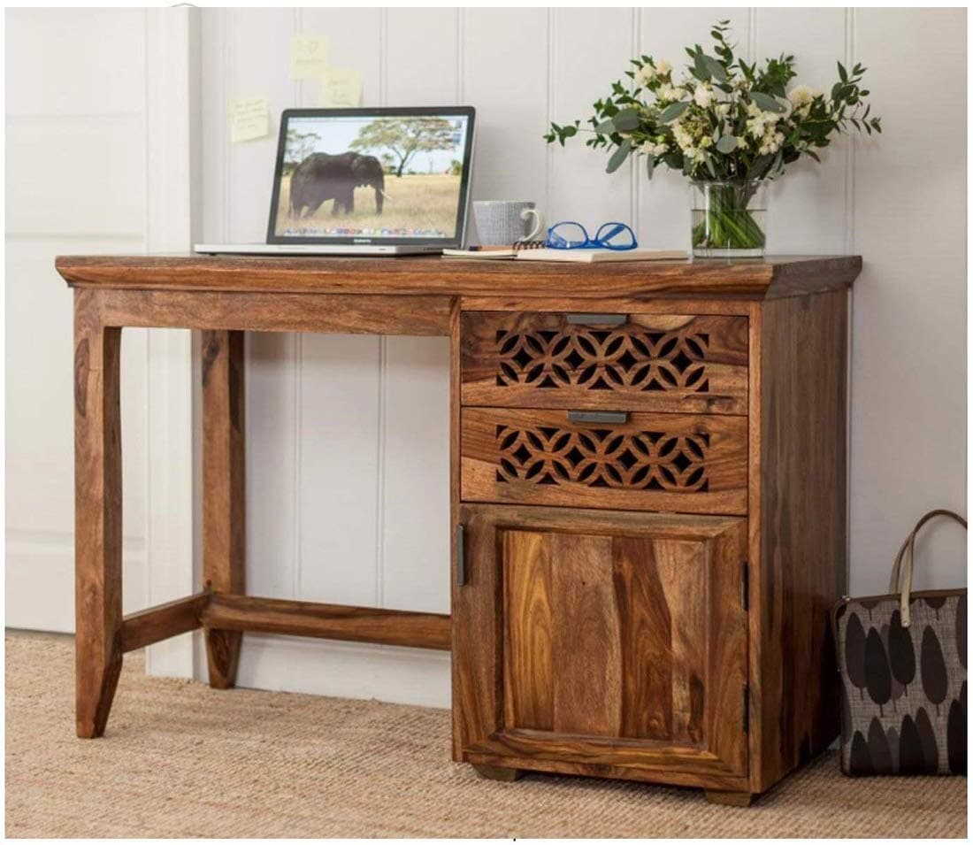 Jyoti Furniture Wooden Finish Writing Study Desk Table for Students & Adults | Workstation Laptop Table with 2 Drawers & 1 Door Cabinet | Work from Home Table | Sheesham Wood, Natural Honey