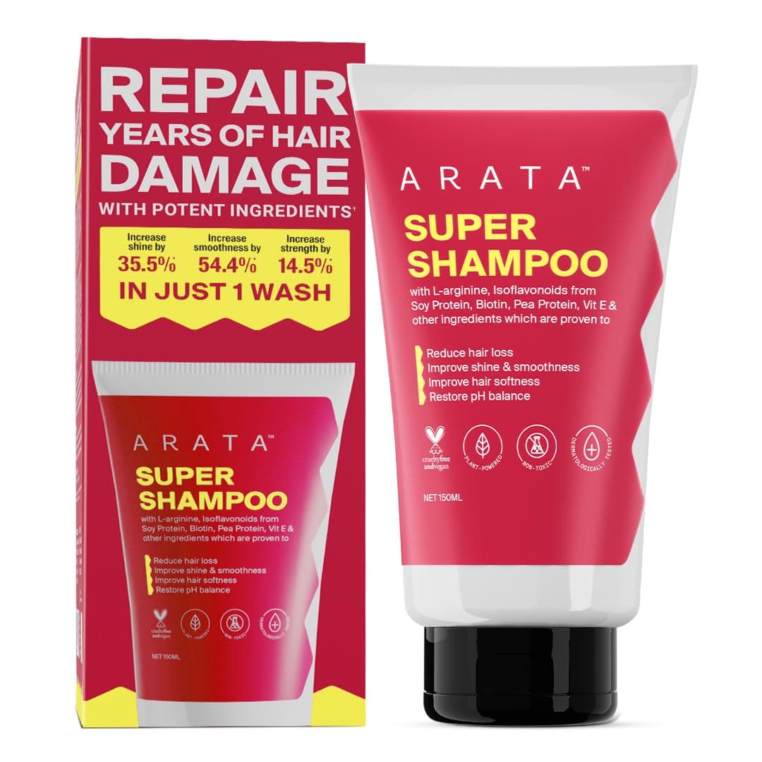 Arata Super Shampoo (150ml) with Argan Oil, Biotin & Soy Protein| Prevents Hair loss | Boosts Hair Thickness | Reduces Breakage | Fights Microbial Infections | Adds Shine | Shampoo For Women & Men