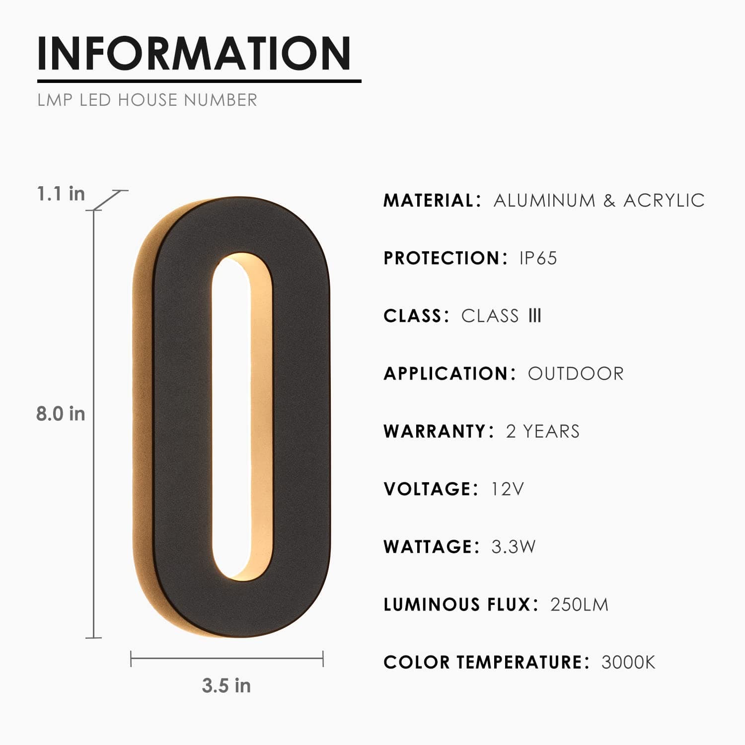 LMP 12V DC Low Voltage Led House Numbers Address Numbers 8 Inches, Modern Lighted House Numbers glow at night, Waterproof Corrosion Resistant, Easy to Install (number 0 No Powers)