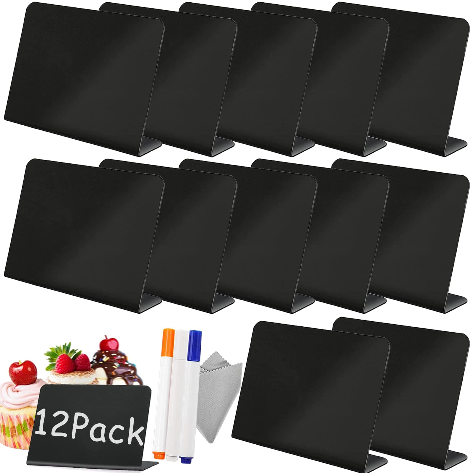 12Pcs Mini Chalkboard Signs with 3 Erasable Markers and 1 Gray Cleaning Cloth, Small L-Shaped Tabletop Reusable PVC Erasable Blackboards, Rectangle Food Labels for Party Buffet Wedding Birthday (3x4")