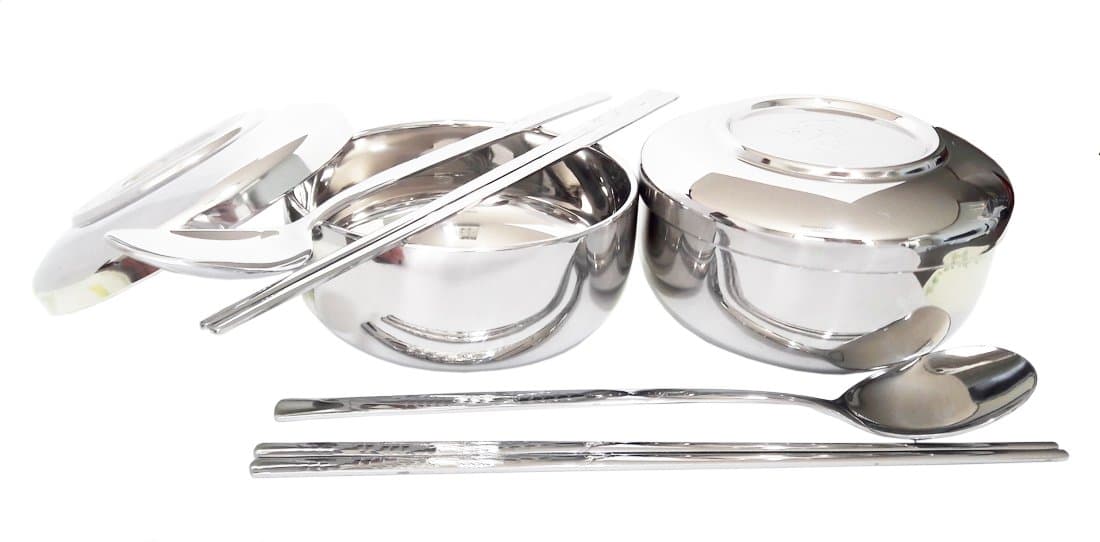 Set of 2 Vacuum Insulated Stainless Steel Korean Traditional Style Rice Bowl with Spoon and Chopsticks. Metal Dinnerware