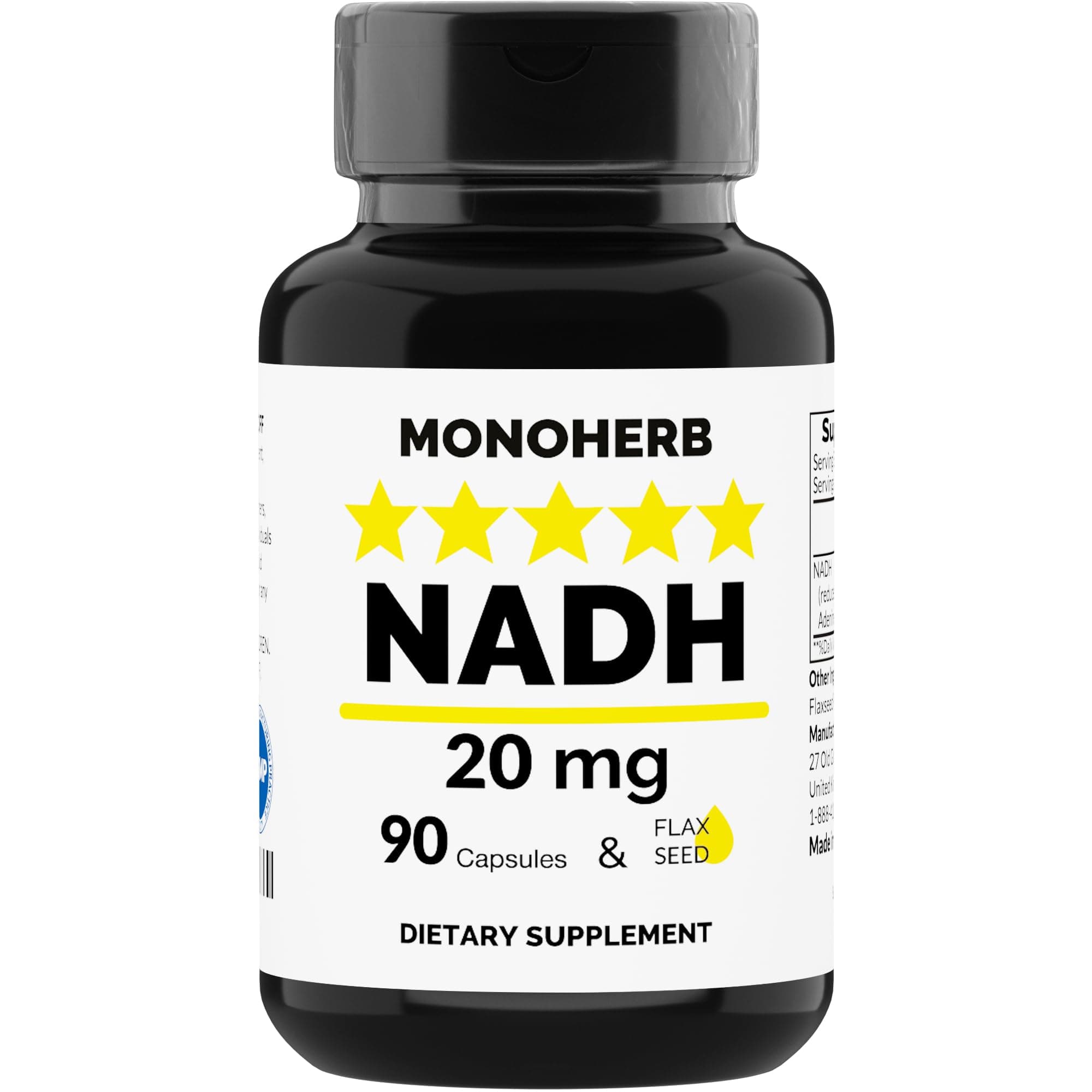 MONOHERB NADH 20 mg - 90 Vegetarian Capsules - Reduced Nicotinamide Adenine Dinucleotide Supplement