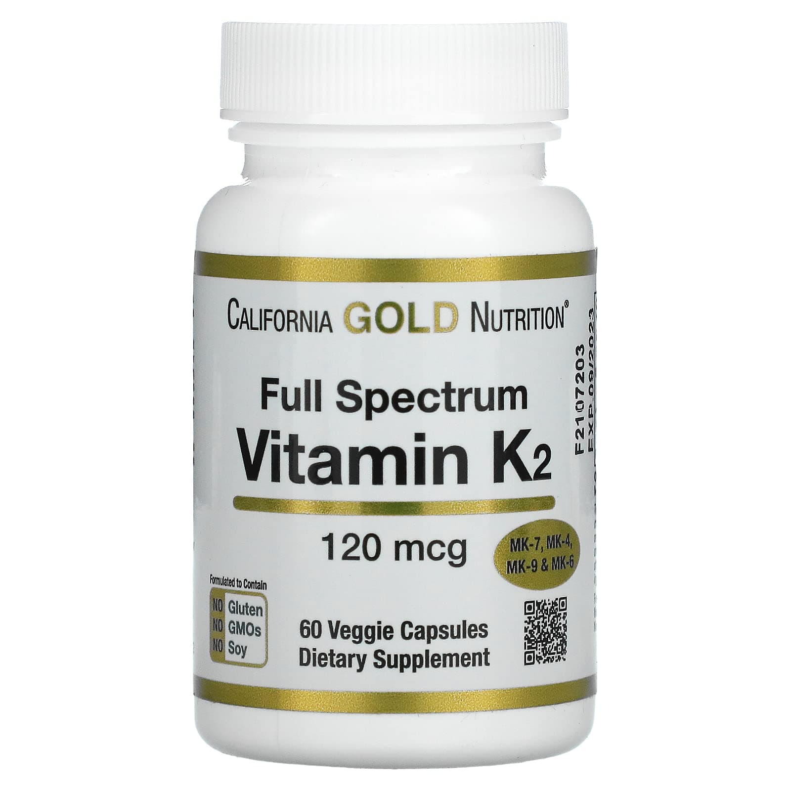 Vitamin K2, Full Spectrum with MK-7 as Menaquinone, MenaQ7, Non-GMO, Plant Based, 120 mcg, 60 Veggie Capsules