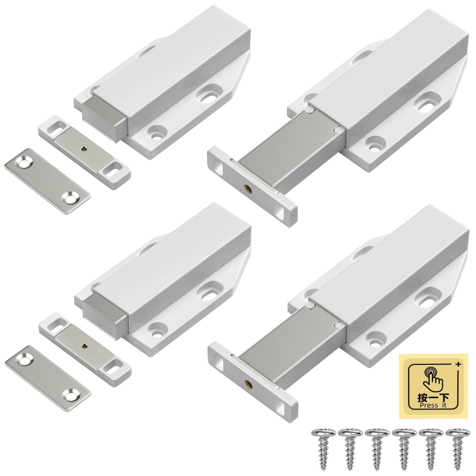 Magnetic Push to Open Jiayi Push Release Magnet Cabinet Door Latch, Push Open Drawer Catch for Large Door, Push in Door Unlock Kitchen Spring Opening Press Out Push Magnetic Latches (White, 4 Pack)