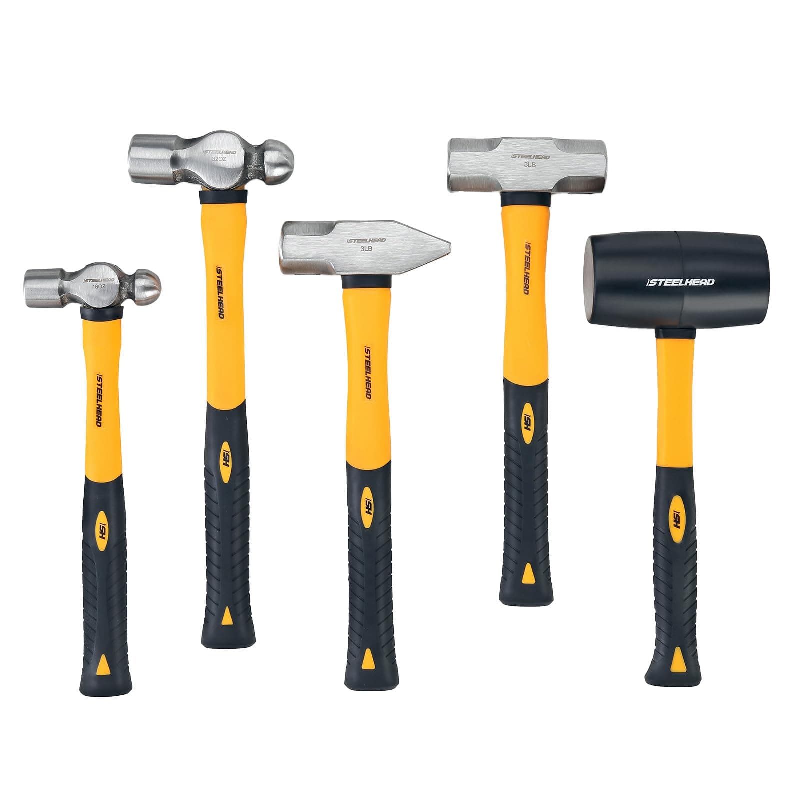 5-Piece Fiberglass Handle Hammer & Mallet Set, 16oz Ball-Peen Hammer, 32oz Ball-Pein Hammer, 32oz Rubber Mallet, 3lb Sledge Hammer, 3lb Cross-Pain Hammer, Metal Working, USA-Based Support