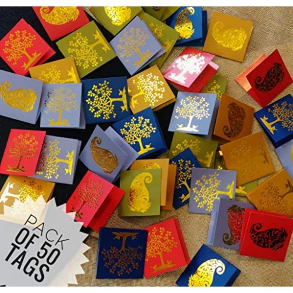 SATYAM KRAFT 50 Pcs Paper Small Traditional Printed Gift Tag for Notecards, Gifting, Valentine's Day, Anniversary, Birthday Thanksgiving,Wishes (5.5 CM X 5 CM) (Multicolor)