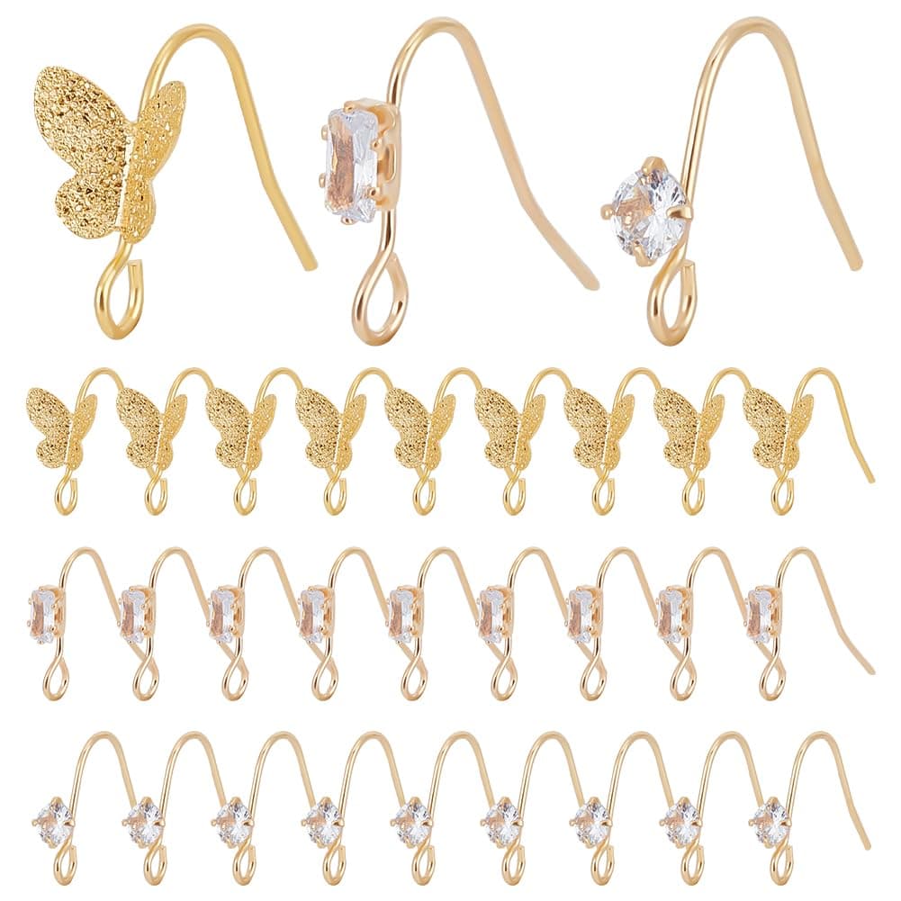 SUNNYCLUE 30Pcs 3 Styles Gold Earring Hooks Brass Fish Hook Earring Cubic Zirconia Butterfly Clear Rhinestone French Earrings Hooks Bulk Earwire Findings for Jewellery Making Earring Supplies DIY