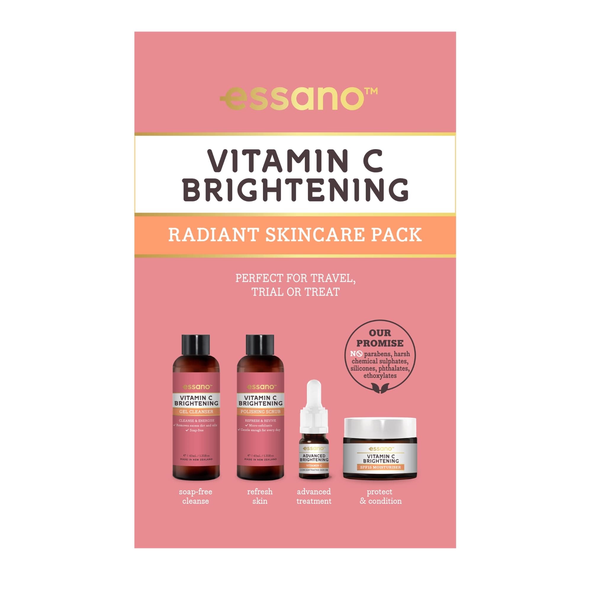 Vitamin C Skin Care Set, Radiant Skincare Pack with Gel Face Cleanser (40ml), Exfoliating Face Scrub (40ml), Facial Serum (3ml), SPF15 Moisturizer (10g), For Travel or Trial, Cruelty Free