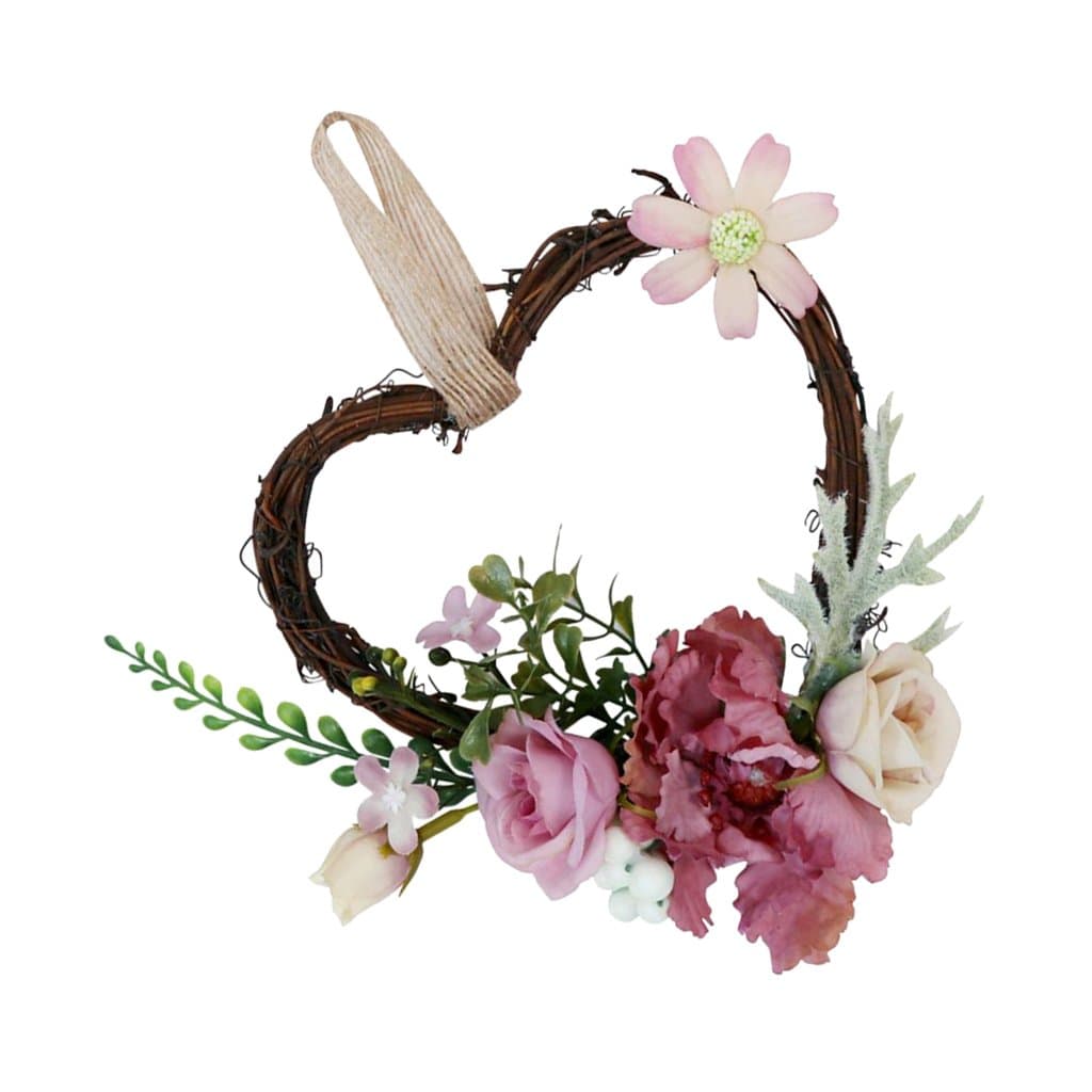 Heart Rattan Artificial Rose Flower Wreath Spring Garland Home Decor, Dusty Pink, 18 x 14 x 6 cm