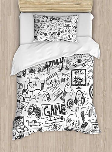 Twin XL Extra Long Bedding Set,Video Games Duvet Cover Set,Monochrome Sketch Style Gaming Design Racing Monitor Device Gadget Teen 90's,Include 1 Flat Sheet 1 Duvet Cover and 2 Pillow Cases