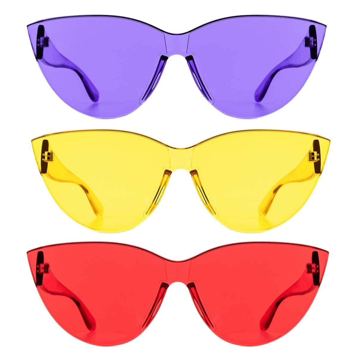 Colorful One Piece Rimless Transparent Cat Eye Sunglasses for Women Tinted Candy Colored Glasses (3099-purple+yellow+red)
